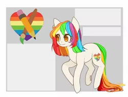 Size: 1280x975 | Tagged: safe, derpibooru import, oc, unofficial characters only, earth pony, pony, abstract background, earth pony oc, heart, image, jpeg, multicolored hair, paintbrush, pencil, rainbow hair, signature, solo