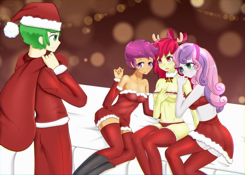 Size: 6421x4583 | Tagged: suggestive, artist:kamushek228, derpibooru import, apple bloom, scootaloo, spike, sweetie belle, human, animal costume, bikini, blushing, bra, breasts, christmas, cleavage, clothes, commission, costume, crusadespike, cutie mark crusaders, female, holiday, humanized, image, imminent foursome, imminent orgy, imminent sex, lidded eyes, looking at each other, male, older, older apple bloom, older scootaloo, older spike, older sweetie belle, png, polyamory, reindeer costume, santa costume, santa sack, scootaspike, shipping, socks, spike gets all the fillies, spike gets all the mares, spikebelle, spikebloom, straight, swimsuit, thigh highs, underwear