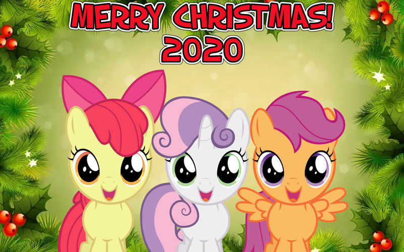 Size: 2064x1289 | Tagged: safe, anonymous artist, derpibooru import, apple bloom, scootaloo, sweetie belle, a charlie brown christmas, christmas, christmas tree, cutie mark crusaders, hearth's warming, holiday, holly, image, leaves, lyrics in the description, png, song reference, tree, youtube link