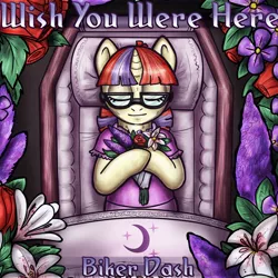 Size: 900x900 | Tagged: safe, artist:paintsplotch, derpibooru import, moondancer, unicorn, bouquet, casket, clothes, coffin, commission, corpse, cover, cover art, crossed arms, cutie mark, dark, dead, dress, eyes closed, fanfic art, fimfiction, flower, funeral, glasses, hooves to the chest, image, jpeg, lying, lying down, on back, sad, smiling, solo, text