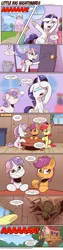 Size: 1280x5058 | Tagged: safe, artist:saturdaymorningproj, derpibooru import, apple bloom, rarity, scootaloo, sweetie belle, oc, oc:fitzgerald, earth pony, giant spider, pegasus, pony, spider, unicorn, arachnophobia, clubhouse, crusaders clubhouse, cutie mark crusaders, female, filly, image, mare, marshmelodrama, nope, png, rarity being rarity, screaming, spider web, table, trash can, tree
