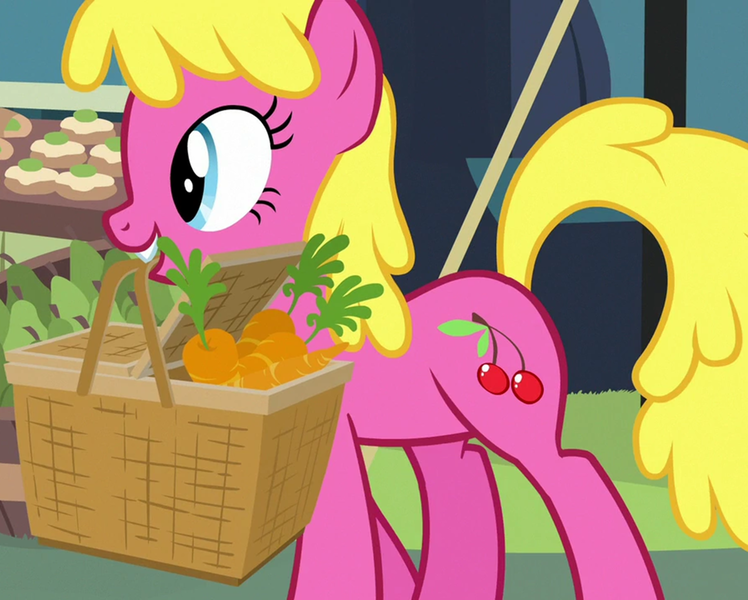 Size: 1640x1315 | Tagged: safe, derpibooru import, screencap, cherry berry, earth pony, pony, she talks to angel, background pony, basket, carrot, cropped, female, food, image, mare, mouth hold, png, solo, walking