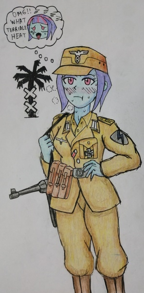 Size: 1971x4000 | Tagged: semi-grimdark, artist:atisuto17, derpibooru import, sunny flare, equestria girls, africa, afrika korps, clothes, colored, emblem, germany, heat, image, jpeg, military, mp40, nazi, nazi germany, soldier, the great dictator, traditional art, uniform, war, wehrmacht, world war ii