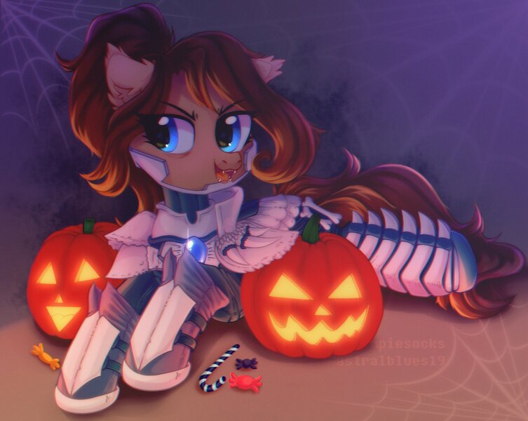 Size: 3380x2692 | Tagged: safe, artist:astralblues, derpibooru import, oc, earth pony, pony, armor, armored pony, blue eyes, candy, candy cane, ear fluff, earth pony oc, eyebrows down, fangs, food, gem, halloween, holiday, image, jpeg, lying down, metal, pumpkin, rawr, spider web, teeth