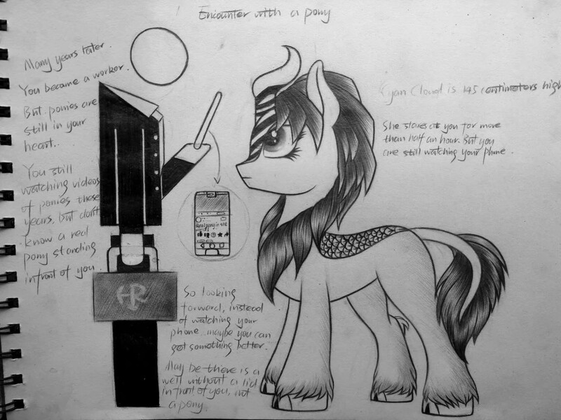 Size: 1440x1080 | Tagged: safe, artist:henry forewen, derpibooru import, kirin, female, image, jpeg, monochrome, solo, traditional art