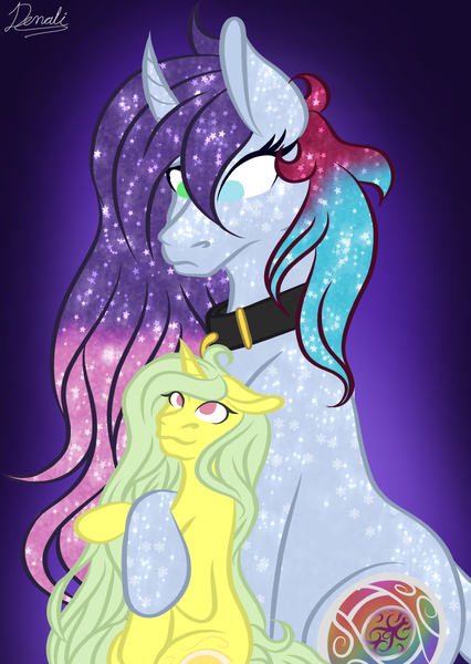 Size: 1484x2090 | Tagged: safe, derpibooru import, oc, oc:denali lunamoon, oc:lemon breeze, unofficial characters only, crystal pony, pony, unicorn, collar, duo, female, image, looking at each other, looking down, looking up, mare, png, simple background, size difference
