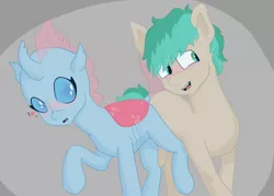 Size: 2800x2000 | Tagged: safe, anonymous artist, derpibooru import, ocellus, sandbar, changedling, changeling, earth pony, pony, blushing, female, image, male, nervous, ocelbar, png, shipping, simple background, straight