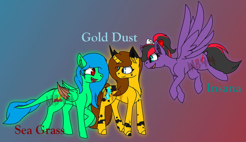 Size: 1280x743 | Tagged: safe, artist:mamabird94, derpibooru import, oc, oc:gold dust, oc:insana, oc:sea grass, unofficial characters only, pegasus, pony, unicorn, female, image, jpeg, mare, watermark