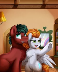 Size: 2850x3509 | Tagged: safe, artist:pridark, derpibooru import, oc, unofficial characters only, earth pony, pegasus, pony, bipedal, blue eyes, chest fluff, cutie mark, duo, green eyes, high res, image, indoors, looking up, mirror, open mouth, png, pointing, sitting, smiling, underhoof, x x everywhere