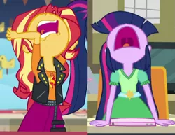 Size: 977x756 | Tagged: safe, derpibooru import, edit, edited screencap, screencap, sunset shimmer, twilight sparkle, equestria girls, equestria girls (movie), equestria girls series, rollercoaster of friendship, come on, comparison, geode of empathy, image, magical geodes, nose in the air, png, stop, uvula, volumetric mouth