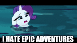 Size: 360x202 | Tagged: safe, derpibooru import, edit, edited screencap, screencap, rarity, pony, unicorn, my little pony: the movie, animated, caption, gif, image, leaning on the fourth wall, quote, solo, text, that pony sure does hate epic adventures, whirlpool