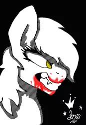 Size: 609x879 | Tagged: safe, artist:amgiwolf, derpibooru import, oc, unofficial characters only, earth pony, pony, black background, blood, bust, earth pony oc, eyelashes, grin, image, png, signature, simple background, smiling, solo