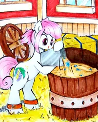 Size: 1997x2490 | Tagged: safe, artist:liaaqila, derpibooru import, oc, oc:hopple scotch, unofficial characters only, earth pony, pony, ankle cuffs, barn, brewing, bucket, chains, commission, cuffs, female, flower, hay bale, hoof hold, image, jpeg, mare, potion, pouring, smiling, solo, tongue out, traditional art, wheel, window