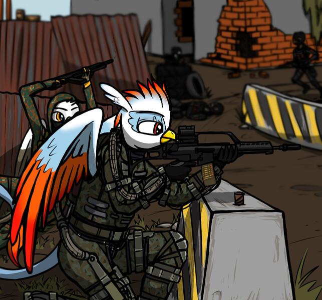 Size: 1400x1306 | Tagged: safe, artist:vadytwy, derpibooru import, oc, anthro, gryphon, anthro oc, clothes, exoskeleton, female, g36, gun, heckler and koch, image, jpeg, male, military, rifle, s.t.a.l.k.e.r., shootout, weapon, wings