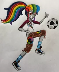 Size: 1024x1254 | Tagged: safe, artist:bozzerkazooers, derpibooru import, rainbow dash, oc, oc:color kick, equestria girls, clothes, converse, football, image, jpeg, ponytail, shoes, soccer ball (object), sports, traditional art