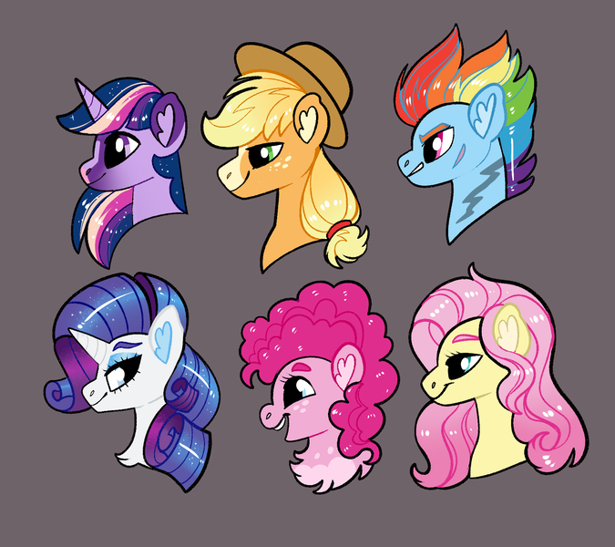 Size: 1800x1600 | Tagged: safe, artist:loryska, derpibooru import, applejack, fluttershy, pinkie pie, rainbow dash, rarity, twilight sparkle, twilight sparkle (alicorn), alicorn, earth pony, pegasus, pony, unicorn, alternate design, bust, chest fluff, ear fluff, female, gray background, hat, image, mane six, mare, png, portrait, redesign, scar, simple background, story included, twitterina design