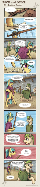 Size: 2336x10724 | Tagged: safe, artist:helmie-art, derpibooru import, oc, oc:karoline skies, oc:lodvik, unofficial characters only, earth pony, pony, comic:iron and steel, bipedal, cloak, clothes, comic, dialogue, female, image, jpeg, male, mare, stallion