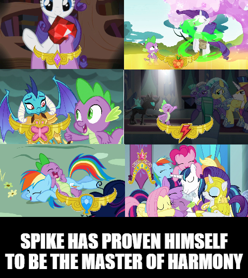 Size: 500x560 | Tagged: safe, derpibooru import, edit, edited screencap, screencap, applejack, fluttershy, pinkie pie, princess ember, rainbow dash, rarity, shining armor, spike, thorax, twilight sparkle, twilight sparkle (alicorn), alicorn, changeling, dragon, earth pony, pegasus, pony, unicorn, friendship is magic, gauntlet of fire, inspiration manifestation, secret of my excess, sparkle's seven, the times they are a changeling, big crown thingy, caption, element of generosity, element of honesty, element of kindness, element of laughter, element of loyalty, element of magic, elements of harmony, fire ruby, gem, golden oaks library, image, image macro, jewelry, library, mane seven, mane six, meme, png, regalia, royal guard, ruby, spikelove, text, winged spike