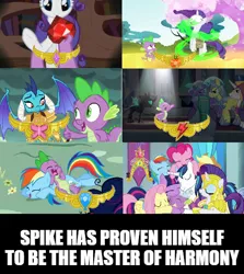 Size: 500x560 | Tagged: safe, derpibooru import, edit, edited screencap, screencap, applejack, fluttershy, pinkie pie, princess ember, rainbow dash, rarity, shining armor, spike, thorax, twilight sparkle, twilight sparkle (alicorn), alicorn, changeling, dragon, earth pony, pegasus, pony, unicorn, friendship is magic, gauntlet of fire, inspiration manifestation, secret of my excess, sparkle's seven, the times they are a changeling, big crown thingy, caption, element of generosity, element of honesty, element of kindness, element of laughter, element of loyalty, element of magic, elements of harmony, fire ruby, gem, golden oaks library, image, image macro, jewelry, library, mane seven, mane six, meme, png, regalia, royal guard, ruby, spikelove, text, winged spike