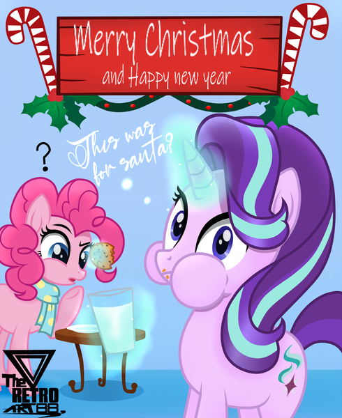 Size: 2150x2632 | Tagged: safe, artist:theretroart88, derpibooru import, pinkie pie, starlight glimmer, earth pony, pony, unicorn, christmas, clothes, confused, cookie, eating, female, food, glass, glowing horn, happy new year, high res, holiday, horn, image, magic, mare, messy eating, milk, plate, png, question mark, scarf, telekinesis, this will not end well