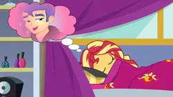 Size: 1280x720 | Tagged: safe, artist:3d4d, derpibooru import, edit, edited screencap, screencap, flash sentry, sunset shimmer, best trends forever, equestria girls, equestria girls series, wake up!, spoiler:eqg series (season 2), dream, eyes closed, female, flashimmer, image, male, png, shipping, sleeping, straight, thought bubble
