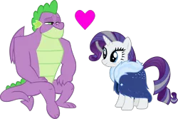 Size: 6727x4495 | Tagged: safe, artist:cloudyglow, artist:memnoch, derpibooru import, edit, rarity, spike, dragon, pony, unicorn, the last problem, bags under eyes, duo, eyeshadow, female, fur coat, gigachad spike, grey hair, heart, image, makeup, male, mare, older, older rarity, older spike, png, shipping, simple background, sitting, skunk stripe, smiling, sparity, straight, transparent background, vector, winged spike