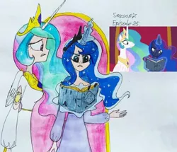 Size: 538x462 | Tagged: safe, artist:lunaart, derpibooru import, screencap, princess celestia, princess luna, alicorn, human, shadow play, alicorn humanization, book, cutie mark on human, horn, horned humanization, humanized, image, jpeg, magic, scene interpretation, traditional art, winged humanization, wings