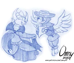 Size: 600x511 | Tagged: safe, artist:omny87, derpibooru import, gallus, smolder, dragon, gryphon, vampire, cloak, clothes, costume, dress, duo, halloween, halloween costume, hat, holiday, image, mask, monochrome, nightmare night costume, plague doctor, png, simple background, white background