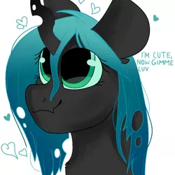 Size: 768x768 | Tagged: safe, artist:valkiria, derpibooru import, queen chrysalis, alicorn, changeling, changeling queen, cute, cutealis, daaaaaaaaaaaw, female, floppy ears, heart, horn, image, png, simple background, solo, talking to viewer, white background