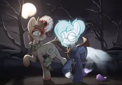 Size: 1624x1132 | Tagged: semi-grimdark, artist:rexyseven, derpibooru import, oc, oc:rusty gears, oc:whispy slippers, unofficial characters only, earth pony, ghost, ghost pony, pony, undead, blood, clothes, costume, duo, glasses, image, night, nightmare night costume, noose, png, saw, scarf, slippers, socks, striped socks, sweater