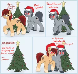 Size: 3186x3036 | Tagged: suggestive, artist:czu, derpibooru import, oc, oc:brass tacks, unnamed oc, unofficial characters only, earth pony, pony, unicorn, christmas, christmas tree, comic, corrupted, eye clipping through hair, fetish, hat, holiday, hypnosis, image, infestation, nudity, oc x oc, open mouth, parasite, png, santa hat, sheath, shipping, smiling, text, tree