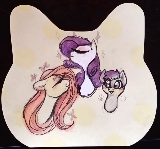 Size: 1081x1009 | Tagged: safe, artist:hippykat13, derpibooru import, fluttershy, rarity, oc, oc:kitty sweet, butterfly, insect, pegasus, pony, unicorn, :3, :p, bust, cute, eyes closed, eyeshadow, gel pen, image, majestic, makeup, marker drawing, notepad, ocbetes, paw prints, png, raribetes, shyabetes, small mare, sparkles, tongue out, traditional art