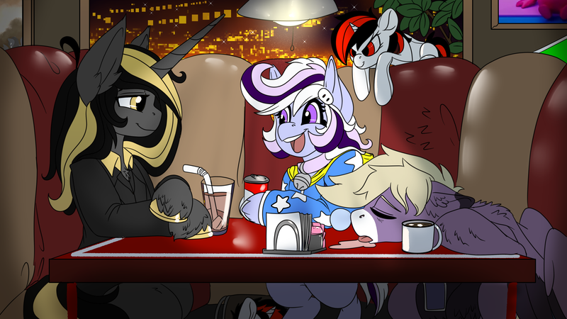 Size: 3840x2160 | Tagged: safe, artist:brainiac, derpibooru import, oc, oc:blackjack, oc:foxtrot, oc:knick knack, oc:whiskey lullaby, pony, unicorn, fallout equestria, fallout equestria: project horizons, badge, cafe, con badge, derpibooru exclusive, fall guys, fanfic art, horn, image, kniskey, plushie, png, small horn, unshorn fetlocks