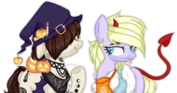 Size: 1728x915 | Tagged: safe, artist:midnightmusic, derpibooru import, nightmare moon, oc, oc:tatiana (ice1517), oc:winter jewel, unofficial characters only, demon, earth pony, ghost, pony, undead, vampire, vampony, bag, bandana, blank flank, candle, clothes, coat, commission, costume, devil, devil horns, devil tail, duo, eyes closed, fake wings, female, freckles, fur coat, grin, hairband, halloween, halloween costume, hat, holiday, image, jack-o-lantern, mare, nightmare night costume, png, pumpkin, raised hoof, simple background, smiling, tape, tattoo, transparent background, witch, witch costume, witch hat, ych result