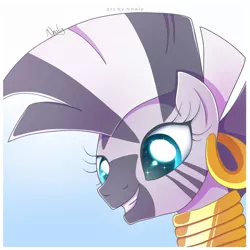 Size: 1024x1024 | Tagged: safe, artist:nnaly, derpibooru import, zecora, zebra, bust, catchlights, cute, ear piercing, earring, female, grin, image, jewelry, jpeg, mare, neck rings, piercing, portrait, quadrupedal, signature, smiling, solo, sparkly eyes, zecorable