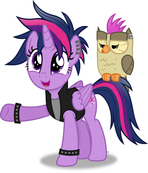 Size: 3191x3718 | Tagged: safe, artist:anime-equestria, derpibooru import, owlowiscious, twilight sparkle, twilight sparkle (alicorn), alicorn, bird, owl, pony, alternate hairstyle, clothes, cute, duo, ear piercing, female, grumpy, happy, hoofband, horn, image, jacket, mare, mohawk, pet, piercing, png, punk, punklight sparkle, simple background, studded bracelet, transparent background, twiabetes, vector, vest, wings