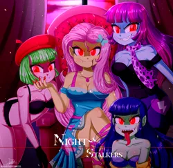 Size: 1480x1430 | Tagged: suggestive, artist:the-butch-x, derpibooru import, part of a set, blueberry cake, drama letter, fluttershy, mystery mint, watermelody, bat pony, vampire, series:butch's night stalkers, equestria girls, bat ponified, beret, bite mark, black underwear, bra, breasts, busty blueberry cake, busty fluttershy, busty mystery mint, busty watermelody, butterfly underwear, cleavage, clothes, fangs, female, flutterbat, frilly underwear, geode of fauna, glowing eyes, grin, hairpin, hat, image, lingerie, long tongue, looking at you, magical geodes, png, purple underwear, quartet, race swap, red eyes, schrödinger's pantsu, sharp teeth, skirt, slit eyes, smiling, smirk, species swap, teeth, text, title page, tongue out, underwear, upskirt denied