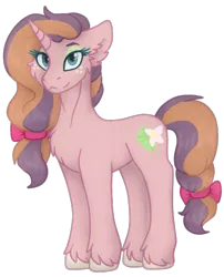 Size: 449x555 | Tagged: safe, artist:brendalobinha, derpibooru import, oc, oc:cherry belle, unofficial characters only, pony, unicorn, art trade, bow, chest fluff, cutie mark, ear fluff, eyeshadow, female, freckles, hair bow, image, makeup, mare, offspring, parent:big macintosh, parent:rarity, parents:rarimac, png, simple background, solo, tail bow, transparent background, unshorn fetlocks