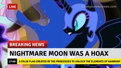 Size: 1280x720 | Tagged: safe, derpibooru import, edit, edited screencap, screencap, nightmare moon, alicorn, pony, break your own news, conspiracy theory, image, op is a duck, png