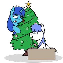 Size: 2200x2200 | Tagged: safe, artist:jellysiek, derpibooru import, oc, oc:single drop, oc:snow pup, unofficial characters only, pegasus, pony, unicorn, behaving like a dog, box, candy, candy cane, christmas, christmas lights, christmas tree, commission, female, floppy ears, food, happy, holiday, image, looking at each other, looking down, looking up, mare, mouth hold, ornament, panting, png, simple background, sitting, smiling, stars, tongue out, transparent background, tree