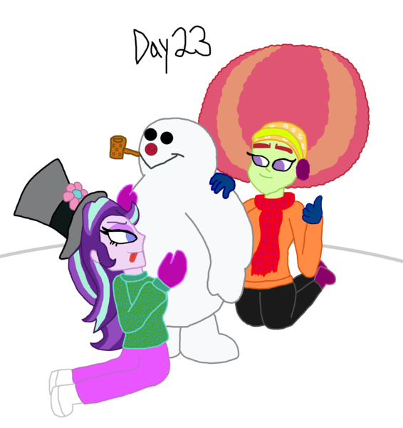 Size: 1280x1358 | Tagged: safe, artist:horroraceman93, derpibooru import, starlight glimmer, tree hugger, equestria girls, afro, christmas, female, frosty the snowman, hat, holiday, image, lesbian, png, shipping, simple background, starhugger, tongue out, transparent background