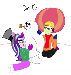 Size: 1280x1358 | Tagged: safe, artist:horroraceman93, derpibooru import, starlight glimmer, tree hugger, equestria girls, afro, christmas, female, frosty the snowman, hat, holiday, image, lesbian, png, shipping, simple background, starhugger, tongue out, transparent background