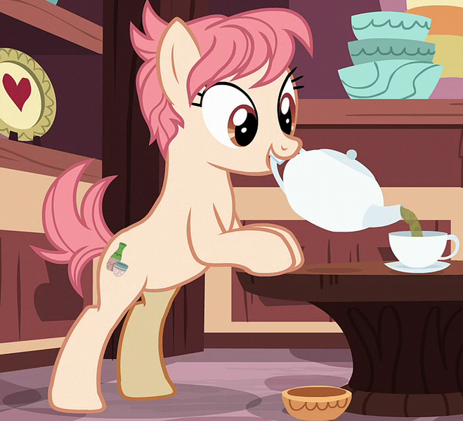 Size: 1036x943 | Tagged: safe, derpibooru import, screencap, raspberry vinaigrette, earth pony, pony, discordant harmony, bipedal, bipedal leaning, cup, female, image, leaning, mare, mouth hold, png, solo, teacup, teapot