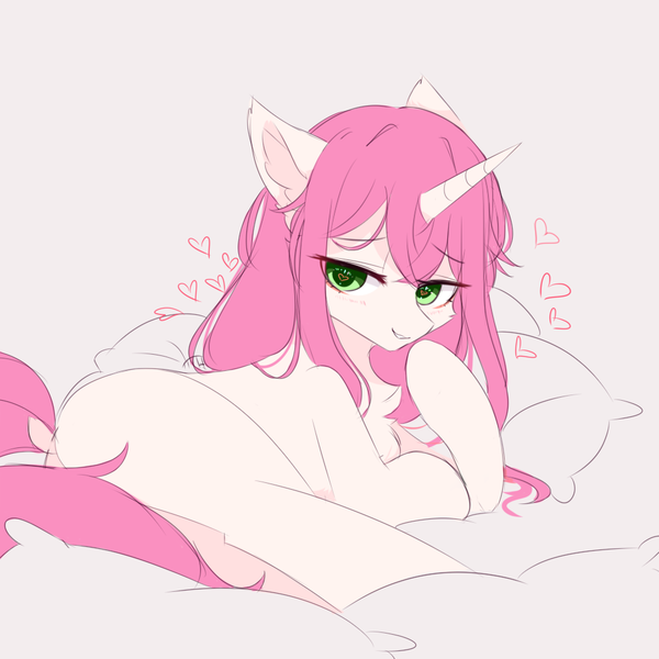 Size: 1000x1000 | Tagged: safe, artist:heddopen, derpibooru import, oc, unofficial characters only, pony, unicorn, chest fluff, ear fluff, female, heart, heart eyes, image, looking at you, mare, pillow, png, rear view, smug, solo, teasing, wingding eyes