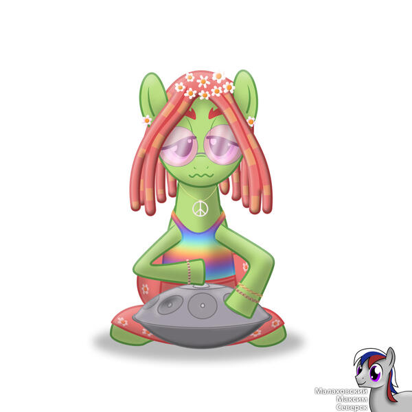 Size: 2000x2000 | Tagged: safe, artist:intelmax89, derpibooru import, tree hugger, earth pony, pony, bracelet, clothes, ear piercing, earring, floral head wreath, flower, glasses, hippie, image, jewelry, jpeg, musical instrument, necklace, peace symbol, piercing, rainbow, sitting, skirt, solo, wavy mouth
