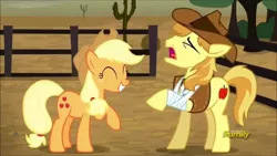 Size: 1280x720 | Tagged: safe, derpibooru import, screencap, applejack, braeburn, earth pony, pony, appleoosa's most wanted, applejack's hat, bandage, broken hoof, cowboy hat, cute, discovery family logo, female, hat, image, jackabetes, jpeg, male, mare, stallion