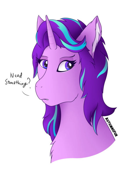 Size: 2966x3716 | Tagged: safe, alternate version, artist:slythefolf, derpibooru import, starlight glimmer, pony, unicorn, bust, chest fluff, dialogue, ear fluff, female, high res, image, looking away, mare, png, portrait, simple background, solo, text, white background