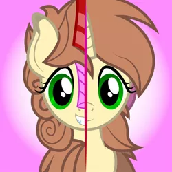 Size: 1280x1280 | Tagged: safe, artist:ragedox, derpibooru import, oc, oc:cinnamon stick, unofficial characters only, kirin, pony, unicorn, fangs, female, grin, image, jpeg, smiling, solo, two sides