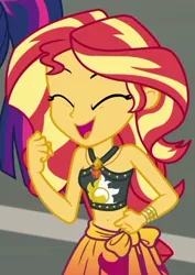 Size: 454x643 | Tagged: safe, derpibooru import, screencap, sci-twi, sunset shimmer, twilight sparkle, equestria girls, equestria girls series, x marks the spot, ^^, clothes, cropped, eyes closed, geode of empathy, image, magical geodes, offscreen character, png, sarong, sleeveless, swimsuit