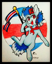 Size: 1280x1571 | Tagged: safe, artist:ariryuzaki, derpibooru import, ponified, earth pony, pony, bandana, costa rica, female, flag, flower, image, jpeg, looking at you, nation ponies, open mouth, signature, traditional art